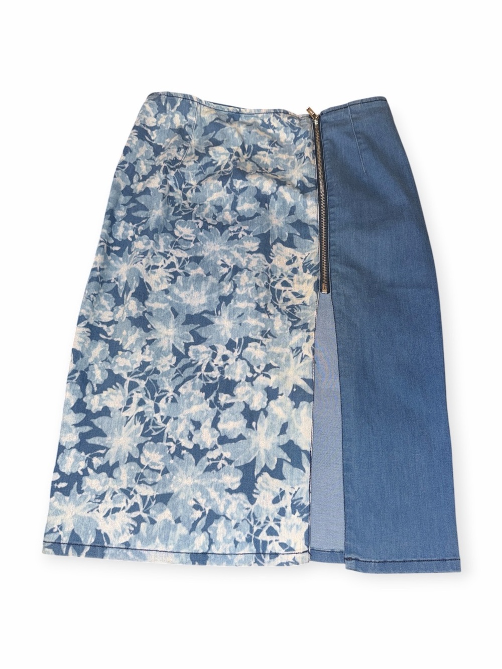 GUESS Denim Patchwork Floral Print Midi Skirt with Side Zip Split Size M